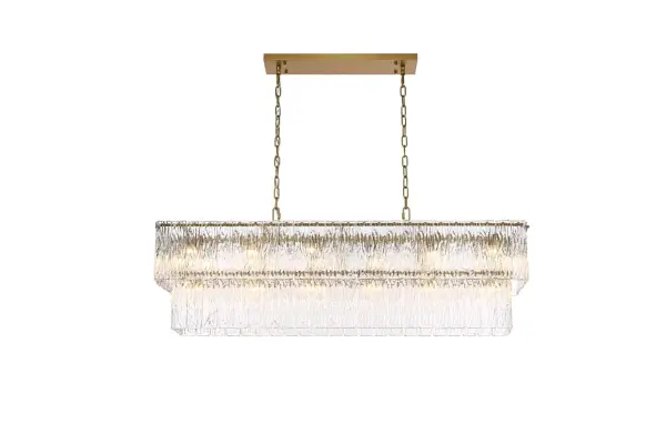 Dimensions
Chain/Rod Length: 59"
Length: 48"
Width: 11"
Height: 14"
Maximum Height: 79"
Wire Length: 142"
Specifications
Assembly Required: yes
Bulb Included: No
Crystal/Glass Color: Clear
Dimmable: Yes
Distressed Finish: No
Dry/Wet/Damp: Dry
ETL: Yes
Finish (Color): Satin Gold and Clear
Fixture Material: Iron and Glass
Hanging Device: Chain
Hardware Finish: Satin Gold
Harware Material: Iron
Max/Nominal Watt: 800W
Number of Lights: 20
Product Shape: Rectangle
Product Type: Chandeliers
Product Warranty: 1 year limited
Socket Type: E12
Voltage: 110V - 125V
Wattage/Bulb: 40W
Weight: 54
Wire Included: Yes
Shipment type: Small parcel