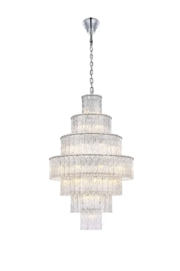 Dimensions
Chain/Rod Length: 59"
Length: 32"
Width: 32"
Height: 50"
Maximum Height: 123"
Wire Length: 142"
Specifications
Assembly Required: yes
Bulb Included: No
Crystal/Glass Color: Clear
Dimmable: Yes
Distressed Finish: No
Dry/Wet/Damp: Dry
ETL: Yes
Finish (Color): Chrome and Clear
Fixture Material: Iron and Glass
Hanging Device: Chain
Hardware Finish: Chrome
Harware Material: Iron
Max/Nominal Watt: 1480W
Number of Lights: 37
Product Shape: Round
Product Type: Chandeliers
Product Warranty: 1 year limited
Socket Type: E12
Voltage: 110V - 125V
Wattage/Bulb: 40W
Weight: 91
Wire Included: Yes
Shipment type: Small parcel