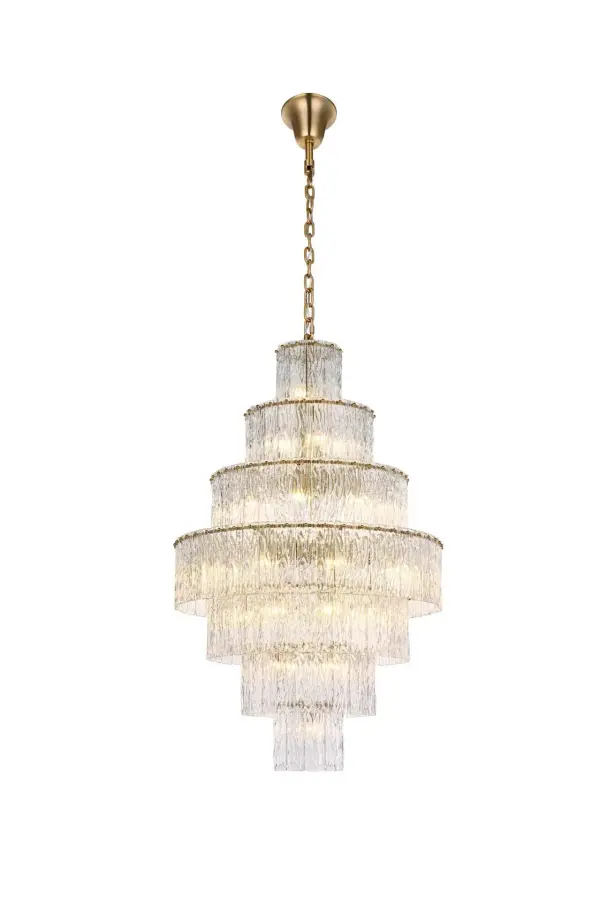 Dimensions
Chain/Rod Length: 59"
Length: 32"
Width: 32"
Height: 50"
Maximum Height: 123"
Wire Length: 142"
Specifications
Assembly Required: yes
Bulb Included: No
Crystal/Glass Color: Clear
Dimmable: Yes
Distressed Finish: No
Dry/Wet/Damp: Dry
ETL: Yes
Finish (Color): Satin Gold and Clear
Fixture Material: Iron and Glass
Hanging Device: Chain
Hardware Finish: Satin Gold
Harware Material: Iron
Max/Nominal Watt: 1480W
Number of Lights: 37
Product Shape: Round
Product Type: Chandeliers
Product Warranty: 1 year limited
Socket Type: E12
Voltage: 110V - 125V
Wattage/Bulb: 40W
Weight: 91
Wire Included: Yes
Shipment type: Small parcel