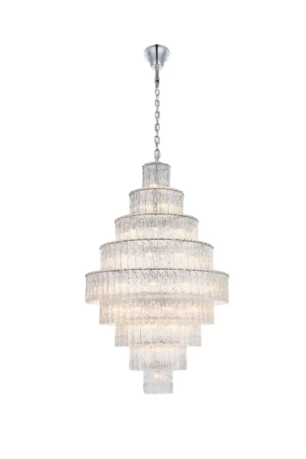 Dimensions
Chain/Rod Length: 59"
Length: 40"
Width: 40"
Height: 64"
Maximum Height: 138"
Wire Length: 142"
Specifications
Assembly Required: yes
Bulb Included: No
Crystal/Glass Color: Clear
Dimmable: Yes
Distressed Finish: No
Dry/Wet/Damp: Dry
ETL: Yes
Finish (Color): Chrome and Clear
Fixture Material: Iron and Glass
Hanging Device: Chain
Hardware Finish: Chrome
Harware Material: Iron
Max/Nominal Watt: 2360W
Number of Lights: 59
Product Shape: Round
Product Type: Chandeliers
Product Warranty: 1 year limited
Socket Type: E12
Voltage: 110V - 125V
Wattage/Bulb: 40W
Weight: 150
Wire Included: Yes
Shipment type: LTL