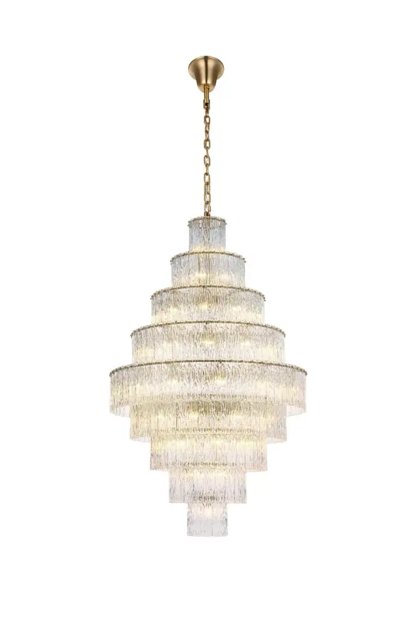 Dimensions
Chain/Rod Length: 59"
Length: 40"
Width: 40"
Height: 64"
Maximum Height: 138"
Wire Length: 142"
Specifications
Assembly Required: yes
Bulb Included: No
Crystal/Glass Color: Clear
Dimmable: Yes
Distressed Finish: No
Dry/Wet/Damp: Dry
ETL: Yes
Finish (Color): Satin Gold and Clear
Fixture Material: Iron and Glass
Hanging Device: Chain
Hardware Finish: Satin Gold
Harware Material: Iron
Max/Nominal Watt: 2360W
Number of Lights: 59
Product Shape: Round
Product Type: Chandeliers
Product Warranty: 1 year limited
Socket Type: E12
Voltage: 110V - 125V
Wattage/Bulb: 40W
Weight: 150
Wire Included: Yes
Shipment type: LTL