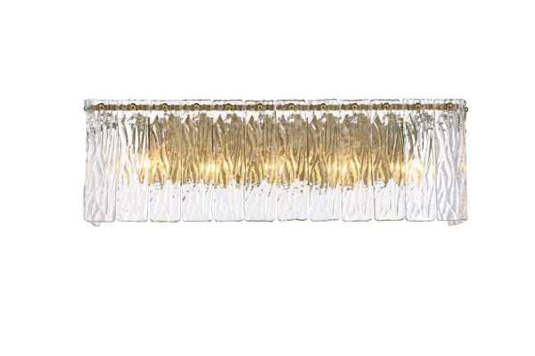 Dimensions
Width: 24.5"
Height: 8"
Extension: 6.5"
Wire Length: 20"
Specifications
Assembly Required: yes
Bulb Included: No
Crystal/Glass Color: Clear
Dimmable: Yes
Distressed Finish: No
Dry/Wet/Damp: Dry
ETL: Yes
Finish (Color): Satin Gold and Clear
Fixture Material: Iron and Glass
Hardware Finish: Satin Gold
Harware Material: Iron
Max/Nominal Watt: 200W
Number of Lights: 5
Product Shape: Rectangle
Product Type: Wall Sconce
Product Warranty: 1 year limited
Socket Type: E12
Voltage: 110V - 125V
Wattage/Bulb: 40W
Weight: 12
Wire Included: Yes
Shipment type: Small parcel