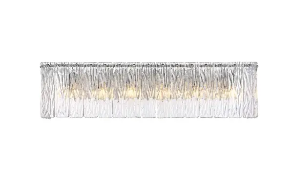 Dimensions
Width: 30.5"
Height: 8"
Extension: 6.5"
Wire Length: 20"
Specifications
Assembly Required: yes
Bulb Included: No
Crystal/Glass Color: Clear
Dimmable: Yes
Distressed Finish: No
Dry/Wet/Damp: Dry
ETL: Yes
Finish (Color): Chrome and Clear
Fixture Material: Iron and Glass
Hardware Finish: Chrome
Harware Material: Iron
Max/Nominal Watt: 240W
Number of Lights: 6
Product Shape: Rectangle
Product Type: Wall Sconce
Product Warranty: 1 year limited
Socket Type: E12
Voltage: 110V - 125V
Wattage/Bulb: 40W
Weight: 14
Wire Included: Yes
Shipment type: Small parcel