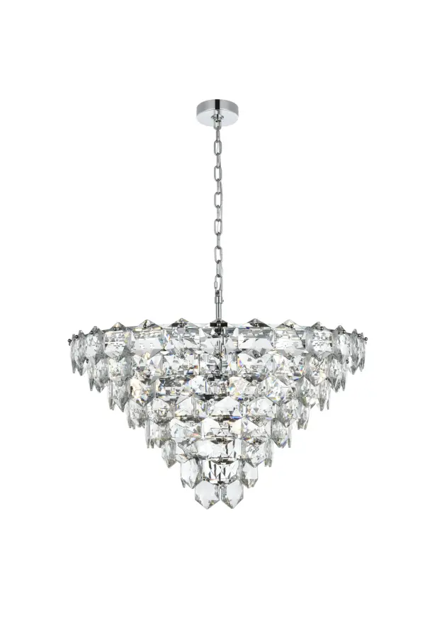 Dimensions
Chain/Rod Length: 59"
Length: 32"
Width: 32"
Height: 18"
Maximum Height: 87"
Wire Length: 142"
Specifications
Assembly Required: Yes
Bulb Included: No
Crystal/Glass Color: Clear
Dimmable: Yes
Distressed Finish: No
Dry/Wet/Damp: Dry
ETL: Yes
Finish (Color): Chrome and Clear
Fixture Material: Iron and Crystal
Hanging Device: Chain
Hardware Finish: Chrome
Harware Material: Iron
Max/Nominal Watt: 600W
Number of Lights: 15
Product Shape: Round
Product Type: Chandeliers
Product Warranty: 1 year limited
Socket Type: E12
UL & ULC Standard: No
Voltage: 110V - 125V
Wattage/Bulb: 40W
Weight: 70
Wire Included: Yes
Shipment type: Oversized Ground