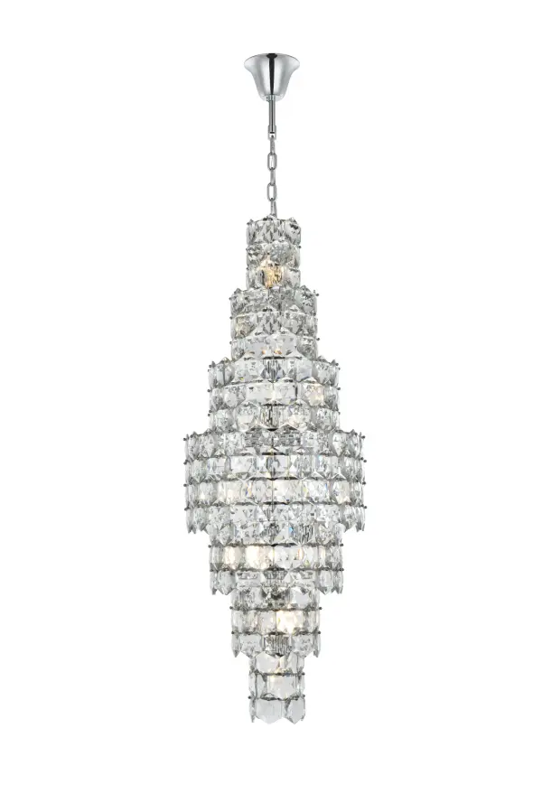 Dimensions
Chain/Rod Length: 59"
Length: 24"
Width: 24"
Height: 67"
Maximum Height: 140"
Wire Length: 142"
Specifications
Assembly Required: Yes
Bulb Included: No
Crystal/Glass Color: Clear
Dimmable: Yes
Distressed Finish: No
Dry/Wet/Damp: Dry
ETL: Yes
Finish (Color): Chrome and Clear
Fixture Material: Iron and Crystal
Hanging Device: Chain
Hardware Finish: Chrome
Harware Material: Iron
Max/Nominal Watt: 1040W
Number of Lights: 26
Product Shape: Round
Product Type: Chandeliers
Product Warranty: 1 year limited
Socket Type: E12
UL & ULC Standard: No
Voltage: 110V - 125V
Wattage/Bulb: 40W
Weight: 151
Wire Included: Yes
Shipment type: Small Parcel