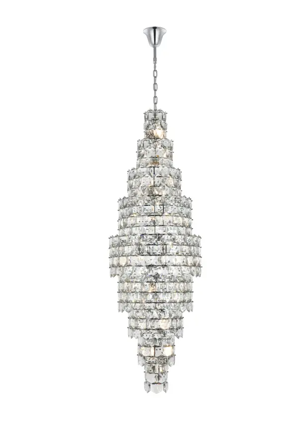 Dimensions
Chain/Rod Length: 59"
Length: 30"
Width: 30"
Height: 91"
Maximum Height: 166"
Wire Length: 142"
Specifications
Assembly Required: Yes
Bulb Included: No
Crystal/Glass Color: Clear
Dimmable: Yes
Distressed Finish: No
Dry/Wet/Damp: Dry
ETL: Yes
Finish (Color): Chrome and Clear
Fixture Material: Iron and Crystal
Hanging Device: Chain
Hardware Finish: Chrome
Harware Material: Iron
Max/Nominal Watt: 1640W
Number of Lights: 41
Product Shape: Round
Product Type: Chandeliers
Product Warranty: 1 year limited
Socket Type: E12
UL & ULC Standard: No
Voltage: 110V - 125V
Wattage/Bulb: 40W
Weight: 249
Wire Included: Yes
Shipment type: Small Parcel