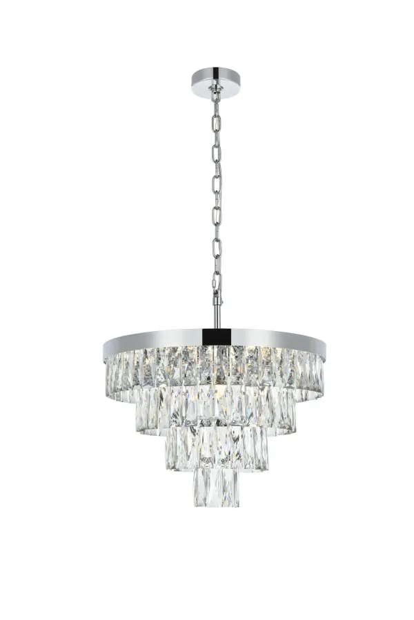 Transform your space with this extraordinary pendant that reimagines classical crystal design for contemporary interiors. The masterfully engineered silhouette features six graduating tiers that create a spectacular inverted pyramid, reminiscent of a frozen cascade captured in mid-descent. Each precisely cut rectangular crystal is strategically positioned to maximize light play, creating mesmerizing displays of fractured light throughout your space. The substantial scale makes this fixture an ideal centerpiece for grand entryways, sophisticated dining rooms, or executive offices. The thoughtful construction incorporates 13 light sources distributed throughout the tiers, ensuring both spectacular illumination and enchanting crystal animation. The robust iron framework provides a secure foundation while maintaining visual lightness, allowing the crystals to appear as if floating in space. Available in reflective chrome, sophisticated black, or warm satin gold, this pendant makes an unforgettable statement while maintaining refined restraint. The cascading arrangement creates a sense of movement and flow, while the geometric precision of each crystal adds contemporary edge to the classical form. This is more than a light fixture - it's an architectural feature that transforms your space through its commanding presence and spectacular light performance. Collection: Josephine Rooms: Kitchen, dining room, bedroom, office Finish: Chrome and Clear Crystal: Clear Width: 20.00" Height: 14.00" Length: 20.00" Weight: 26.00 lb Wire: 142" Clear Canopy: 4.7"x1.2"x4.7" Number of Bulbs: 10 Maximum Wattage: 40.00 W Bulb Base: E12 Dimmable Voltage: 110.00 V Material: Iron and Crystal Country of Origin: China Safety Listing: ETL Safety Rating: Dry Title 20 Title 24 Manufacturer Warranty: 1 year limited