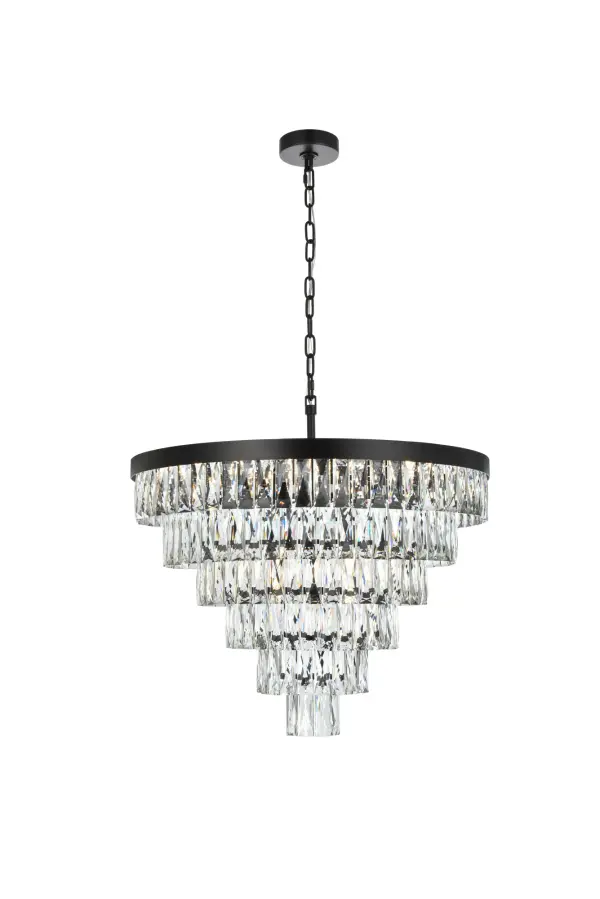 Dimensions
Chain/Rod Length: 59"
Length: 27.5"
Width: 27.5"
Height: 20.5"
Maximum Height: 89.5"
Wire Length: 142"
Specifications
Assembly Required: Yes
Bulb Included: No
Crystal/Glass Color: Clear
Dimmable: Yes
Distressed Finish: No
Dry/Wet/Damp: Dry
ETL: Yes
Finish (Color): Black and Clear
Fixture Material: Iron and Crystal
Hanging Device: Chain
Hardware Finish: Black
Harware Material: Iron
Max/Nominal Watt: 520W
Number of Lights: 13
Product Shape: Round
Product Type: Chandeliers
Product Warranty: 1 year limited
Socket Type: E12
UL & ULC Standard: No
Voltage: 110V - 125V
Wattage/Bulb: 40W
Weight: 47
Wire Included: Yes
Shipment type: Oversized Ground