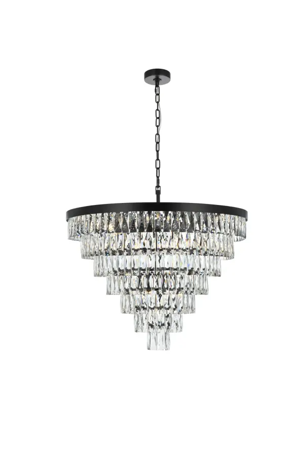 Dimensions
Chain/Rod Length: 59"
Length: 32"
Width: 32"
Height: 24"
Maximum Height: 93"
Wire Length: 142"
Specifications
Assembly Required: Yes
Bulb Included: No
Crystal/Glass Color: Clear
Dimmable: Yes
Distressed Finish: No
Dry/Wet/Damp: Dry
ETL: Yes
Finish (Color): Black and Clear
Fixture Material: Iron and Crystal
Hanging Device: Chain
Hardware Finish: Black
Harware Material: Iron
Max/Nominal Watt: 1000W
Number of Lights: 25
Product Shape: Round
Product Type: Chandeliers
Product Warranty: 1 year limited
Socket Type: E12
UL & ULC Standard: No
Voltage: 110V - 125V
Wattage/Bulb: 40W
Weight: 63
Wire Included: Yes
Shipment type: Small Parcel