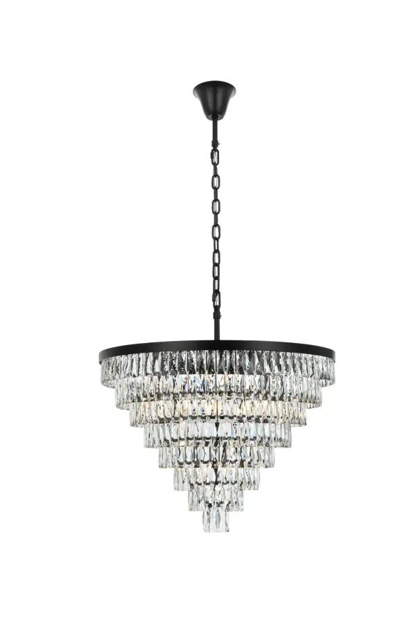 Dimensions
Chain/Rod Length: 59"
Length: 36"
Width: 36"
Height: 27"
Maximum Height: 96"
Wire Length: 142"
Specifications
Assembly Required: Yes
Bulb Included: No
Crystal/Glass Color: Clear
Dimmable: Yes
Distressed Finish: No
Dry/Wet/Damp: Dry
ETL: Yes
Finish (Color): Black and Clear
Fixture Material: Iron and Crystal
Hanging Device: Chain
Hardware Finish: Black
Harware Material: Iron
Max/Nominal Watt: 1160W
Number of Lights: 29
Product Shape: Round
Product Type: Chandeliers
Product Warranty: 1 year limited
Socket Type: E12
UL & ULC Standard: No
Voltage: 110V - 125V
Wattage/Bulb: 40W
Weight: 73
Wire Included: Yes
Shipment type: Oversized Ground