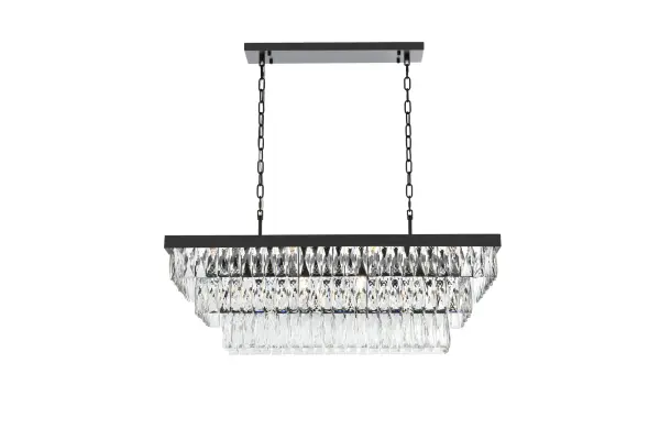 Dimensions
Chain/Rod Length: 59"
Length: 36"
Width: 16"
Height: 11.5"
Maximum Height: 80.5"
Wire Length: 142"
Specifications
Assembly Required: Yes
Bulb Included: No
Crystal/Glass Color: Clear
Dimmable: Yes
Distressed Finish: No
Dry/Wet/Damp: Dry
ETL: Yes
Finish (Color): Black and Clear
Fixture Material: Iron and Crystal
Hanging Device: Chain
Hardware Finish: Black
Harware Material: Iron
Max/Nominal Watt: 480W
Number of Lights: 12
Product Shape: Rectangle
Product Type: Chandeliers
Product Warranty: 1 year limited
Socket Type: E12
UL & ULC Standard: No
Voltage: 110V - 125V
Wattage/Bulb: 40W
Weight: 46
Wire Included: Yes
Shipment type: Small Parcel
