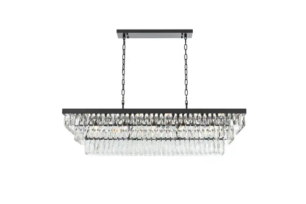 Dimensions
Chain/Rod Length: 59"
Length: 48"
Width: 16"
Height: 11.5"
Maximum Height: 80.5"
Wire Length: 142"
Specifications
Assembly Required: Yes
Bulb Included: No
Crystal/Glass Color: Clear
Dimmable: Yes
Distressed Finish: No
Dry/Wet/Damp: Dry
ETL: Yes
Finish (Color): Black and Clear
Fixture Material: Iron and Crystal
Hanging Device: Chain
Hardware Finish: Black
Harware Material: Iron
Max/Nominal Watt: 680W
Number of Lights: 17
Product Shape: Rectangle
Product Type: Chandeliers
Product Warranty: 1 year limited
Socket Type: E12
UL & ULC Standard: No
Voltage: 110V - 125V
Wattage/Bulb: 40W
Weight: 58
Wire Included: Yes
Shipment type: Small Parcel