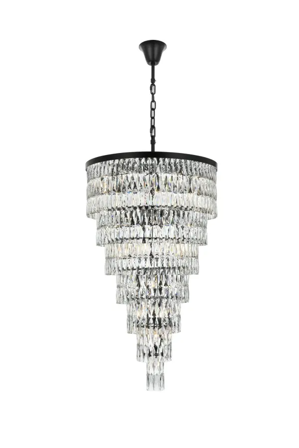 Dimensions
Chain/Rod Length: 59"
Length: 32"
Width: 32"
Height: 54"
Maximum Height: 127"
Wire Length: 142"
Specifications
Assembly Required: Yes
Bulb Included: No
Crystal/Glass Color: Clear
Dimmable: Yes
Distressed Finish: No
Dry/Wet/Damp: Dry
ETL: Yes
Finish (Color): Black and Clear
Fixture Material: Iron and Crystal
Hanging Device: Chain
Hardware Finish: Black
Harware Material: Iron
Max/Nominal Watt: 1640W
Number of Lights: 41
Product Shape: Round
Product Type: Chandeliers
Product Warranty: 1 year limited
Socket Type: E12
UL & ULC Standard: No
Voltage: 110V - 125V
Wattage/Bulb: 40W
Weight: 126
Wire Included: Yes
Shipment type: LTL