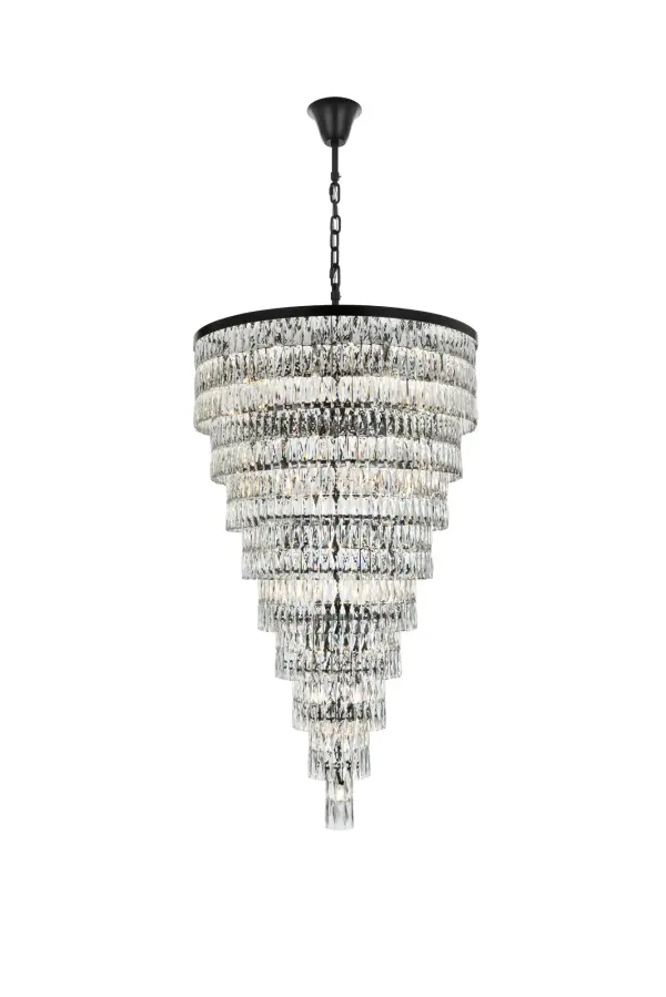 Dimensions
Chain/Rod Length: 59"
Length: 41"
Width: 41"
Height: 68"
Maximum Height: 143"
Wire Length: 142"
Specifications
Assembly Required: Yes
Bulb Included: No
Crystal/Glass Color: Clear
Dimmable: Yes
Distressed Finish: No
Dry/Wet/Damp: Dry
ETL: Yes
Finish (Color): Black and Clear
Fixture Material: Iron and Crystal
Hanging Device: Chain
Hardware Finish: Black
Harware Material: Iron
Max/Nominal Watt: 2440W
Number of Lights: 61
Product Shape: Round
Product Type: Chandeliers
Product Warranty: 1 year limited
Socket Type: E12
UL & ULC Standard: No
Voltage: 110V - 125V
Wattage/Bulb: 40W
Weight: 204
Wire Included: Yes
Shipment type: LTL