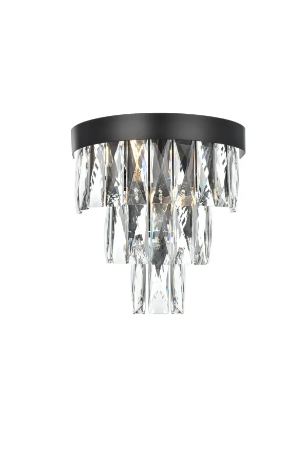 Dimensions
Width: 10"
Height: 10.5"
Extension: 6"
Wire Length: 20"
Specifications
Assembly Required: Yes
Bulb Included: No
Crystal/Glass Color: Clear
Dimmable: Yes
Distressed Finish: No
Dry/Wet/Damp: Dry
ETL: Yes
Finish (Color): Black and Clear
Fixture Material: Iron and Crystal
Hardware Finish: Black
Harware Material: Iron
Max/Nominal Watt: 80W
Number of Lights: 2
Product Shape: Half Round
Product Type: Wall Sconce
Product Warranty: 1 year limited
Socket Type: E12
UL & ULC Standard: No
Voltage: 110V - 125V
Wattage/Bulb: 40W
Weight: 7
Wire Included: Yes
Shipment type: Small Parcel
