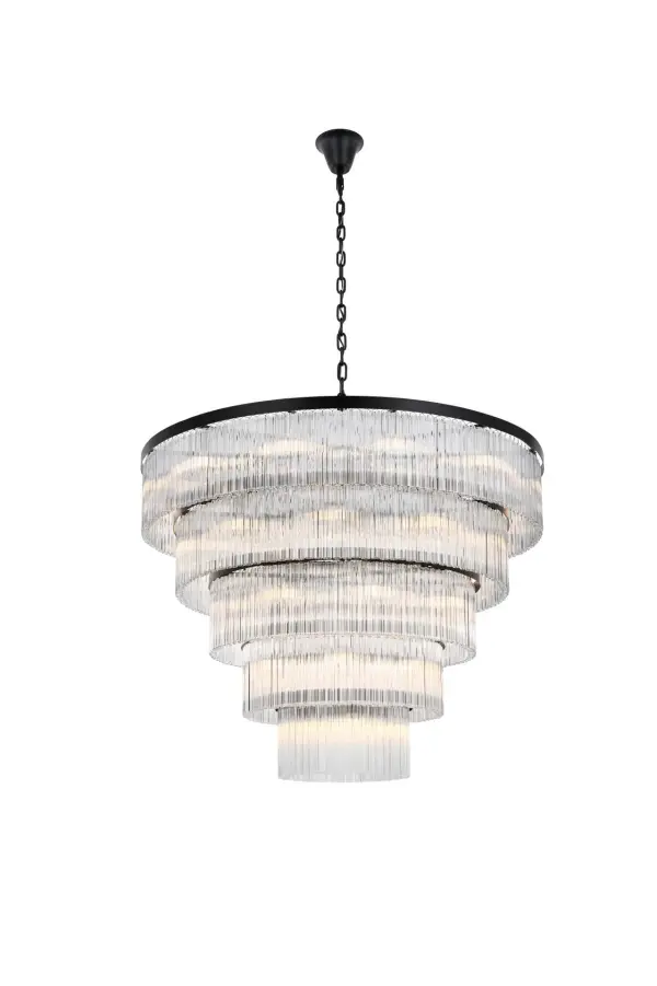 Specification Sheet
Dimensions
Chain/Rod Length: 59"
Length: 48"
Width: 48"
Height: 44"
Maximum Height: 112"
Wire Length: 142"
Specifications
Assembly Required: yes
Bulb Included: No
Crystal/Glass Color: Clear
Dimmable: Yes
Distressed Finish: No
Dry/Wet/Damp: Dry
ETL: Yes
Finish (Color): Black
Fixture Material: Iron and Glass
Hanging Device: Chain
Hardware Finish: Black
Harware Material: Iron
Max/Nominal Watt: 560W
Number of Lights: 40
Product Shape: Round
Product Type: Chandeliers
Product Warranty: 1 year limited
Socket Type: E12
Voltage: 110V - 125V
Wattage/Bulb: 40W
Weight: 165
Wire Included: Yes
Shipment type: LTL