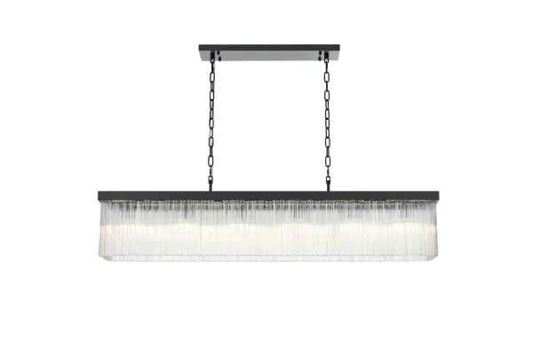 Dimensions
Chain/Rod Length: 59"
Length: 49"
Width: 8"
Height: 9"
Maximum Height: 78"
Wire Length: 142"
Specifications
Assembly Required: Yes
Bulb Included: No
Crystal/Glass Color: Clear
Dimmable: Yes
Distressed Finish: No
Dry/Wet/Damp: Dry
ETL: Yes
Finish (Color): Black and Clear
Fixture Material: Iron and Glass
Hanging Device: Chain
Hardware Finish: Black
Harware Material: Iron
Max/Nominal Watt: 240W
Number of Lights: 6
Product Shape: Rectangle
Product Type: Chandeliers
Product Warranty: 1 year limited
Socket Type: E12
UL & ULC Standard: No
Voltage: 110V - 125V
Wattage/Bulb: 40W
Weight: 42
Wire Included: Yes
Shipment type: Small Parcel