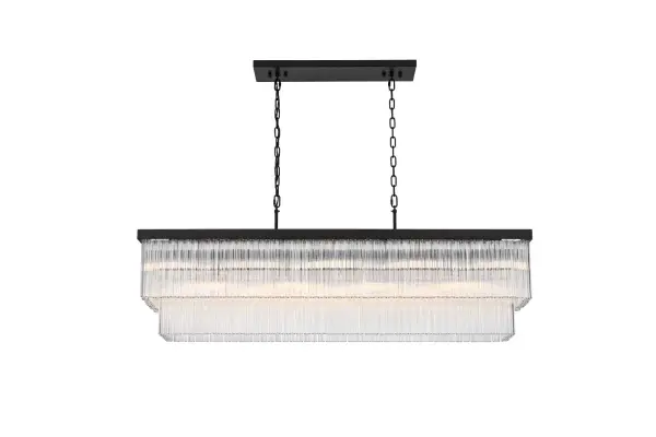 Specification Sheet
Dimensions
Chain/Rod Length: 59"
Length: 53"
Width: 12"
Height: 18"
Maximum Height: 79"
Wire Length: 142"
Specifications
Assembly Required: yes
Bulb Included: No
Crystal/Glass Color: Clear
Dimmable: Yes
Distressed Finish: No
Dry/Wet/Damp: Dry
ETL: Yes
Finish (Color): Black
Fixture Material: Iron and Glass
Hanging Device: Chain
Hardware Finish: Black
Harware Material: Iron
Max/Nominal Watt: 160W
Number of Lights: 9
Product Shape: Round
Product Type: Chandeliers
Product Warranty: 1 year limited
Socket Type: E12
Voltage: 110V - 125V
Wattage/Bulb: 40W
Weight: 76
Wire Included: Yes
Shipment type: Small Parcel