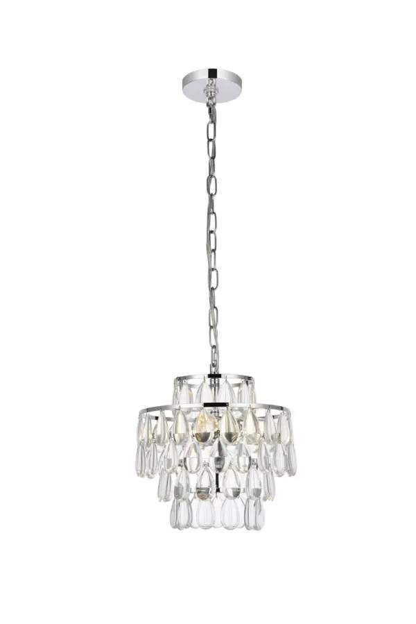 Install this pendant in any room to give an elegant look. This stunning light features hand painted finish and clear brillant crystals which gives a classy look. Set a cozy atmosphere when you switch on this dazzling fixture and captivate your guests. Collection: Mila Rooms: kitchen, living room, hallway, foyer, office Finish: chrome Crystal: CLEAR Width: 12.00" Height: 10.50" Length: 12.00" Weight: 9.00 lb Chain: 59"Chrome Wire: 79" Clear Canopy: 4.75"x1" Number of Bulbs: 3 Maximum Wattage: 40.00 W Bulb Type: E-12 Bulb Base: E12 Dimmable Voltage: 120.00 V Material: Iron and Crystal Country of Origin: China Safety Listing: ETL Safety Rating: Dry Title 20 Title 24 Manufacturer Warranty: 1 year limited