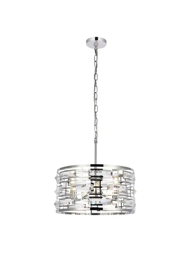 Install this pendant in any room to give an elegant look. This stunning light features hand painted finish and clear brillant crystals which gives a classy look. Set a cozy atmosphere when you switch on this dazzling fixture and captivate your guests. Collection: Kennedy Rooms: kitchen, living room, hallway, foyer, office Finish: chrome Crystal: CLEAR Width: 16.50" Height: 8.50" Length: 16.50" Weight: 9.00 lb Chain: 59"Chrome Wire: 79" Clear Canopy: 4.75"x1" Number of Bulbs: 3 Maximum Wattage: 40.00 W Bulb Type: Candelabra Bulb Base: E12 Dimmable Voltage: 120.00 V Material: Iron and Crystal Country of Origin: China Safety Listing: ETL Safety Rating: Dry Title 20 Title 24 Manufacturer Warranty: 1 year limited