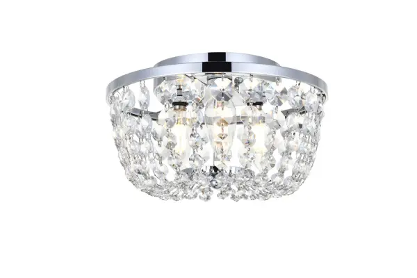 Install this flush mount in any room to give an elegant look. This stunning light features hand painted finish and clear brillant crystals which gives a classy look. Set a cozy atmosphere when you switch on this dazzling fixture and captivate your guests. Collection: Cora Rooms: kitchen, living room, hallway, foyer, office Finish: chrome Crystal: CLEAR Width: 10.00" Height: 6.50" Length: 10.00" Weight: 4.00 lb Wire: 20" Black Canopy: 5"x1.2" Number of Bulbs: 3 Maximum Wattage: 40.00 W Bulb Type: Candelabra Bulb Base: E12 Dimmable Voltage: 120.00 V Material: Iron and Crystal Country of Origin: China Safety Listing: ETL Safety Rating: Dry Title 20 Title 24 Manufacturer Warranty: 1 year limited