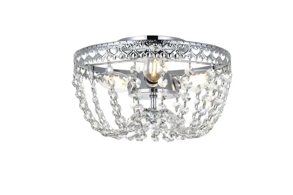 Install this flush mount in any room to give an elegant look. This stunning light features hand painted finish and clear brillant crystals which gives a classy look. Set a cozy atmosphere when you switch on this dazzling fixture and captivate your guests. Collection: Kylie Rooms: kitchen, living room, hallway, foyer, office Finish: chrome Crystal: CLEAR Width: 10.00" Height: 6.30" Length: 10.00" Weight: 2.50 lb Wire: 20" Black Canopy: 4.75"x0.75" Number of Bulbs: 3 Maximum Wattage: 40.00 W Bulb Type: Candelabra Bulb Base: E12 Dimmable Voltage: 120.00 V Material: Iron and Crystal Country of Origin: China Safety Listing: ETL Safety Rating: Dry Title 20 Title 24 Manufacturer Warranty: 1 year limited