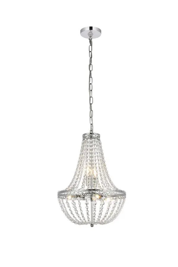 Install this pendant in any room to give an elegant look. This stunning light features hand painted finish and clear brillant crystals which gives a classy look. Set a cozy atmosphere when you switch on this dazzling fixture and captivate your guests. Collection: Valeria Rooms: kitchen, living room, hallway, foyer, office Finish: chrome Crystal: CLEAR Width: 14.00" Height: 19.00" Length: 14.00" Weight: 7.00 lb Chain: 59"Chrome Wire: 79" Clear Canopy: 4.75"x0.75" Number of Bulbs: 5 Maximum Wattage: 40.00 W Bulb Type: Candelabra Bulb Base: E12 Dimmable Voltage: 120.00 V Material: Iron and Crystal Country of Origin: China Safety Listing: ETL Safety Rating: Dry Title 20 Title 24 Manufacturer Warranty: 1 year limited