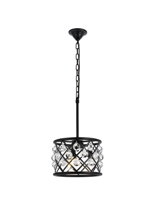 Modern simplicity meets organic beauty in the breathtakingly unique Madison collection. Hand-polished, smooth clear crystal spheres shimmer like dewdrops in a circular forged-iron grid with a golden-iron, mocha-brown, or polished-nickel finish. These airy pendant lamps will brighten up a kitchen, dining room, foyer, or stairwell in an explosion of reflected light. Collection: Madison Rooms: Dining room, Living room, Bedroom, Bathroom, Entry Way, Finish: Matte Black Glass: clear Crystal: clear Notes: Royal Cut Crystal (Clear) Width: 12.00" Height: 9.00" Length: 12.00" Weight: 15.00 lb Chain: 120"Flat Black Wire: 141.73" Black Canopy: 4.7"x3" Number of Bulbs: 3 Maximum Wattage: 40.00 W Bulb Type: B10 Bulb Base: E12 Dimmable Voltage: 110.00 V Material: Steel Country of Origin: China Safety Listing: UL / Ulc Safety Rating: UL,ULC Title 20 Title 24 Manufacturer Warranty: 1 year limited Spec Sheet
