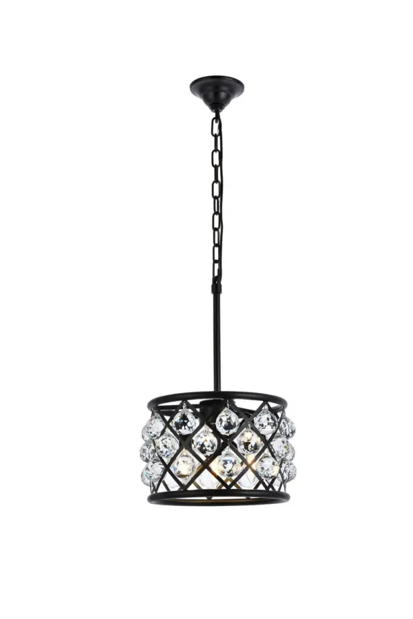 Modern simplicity meets organic beauty in the breathtakingly unique Madison collection. Hand-polished, multifaceted clear, golden-teak, or Silver-shade crystal spheres shimmer like dewdrops in a circular forged-iron grid with a golden-iron, Matte Black, or polished-nickel finish. These airy pendant lamps will brighten up a kitchen, dining room, foyer, or stairwell in an explosion of reflected light. Collection: Madison Rooms: Dining room, Living room, Bedroom, Bathroom, Entry Way, Finish: Matte Black Glass: clear Crystal: clear Notes: Royal Cut Crystal (Clear) Width: 12.00" Height: 9.00" Length: 12.00" Weight: 18.00 lb Chain: 60"Matte Black Wire: 141.73" Black Canopy: 4.7"x3" Number of Bulbs: 3 Maximum Wattage: 40.00 W Bulb Type: B10 Bulb Base: E12 Dimmable Voltage: 110.00 V Material: Steel Country of Origin: China Safety Listing: ETL Safety Rating: UL,ULC Title 20 Title 24 Manufacturer Warranty: 1 year limited Spec Sheet