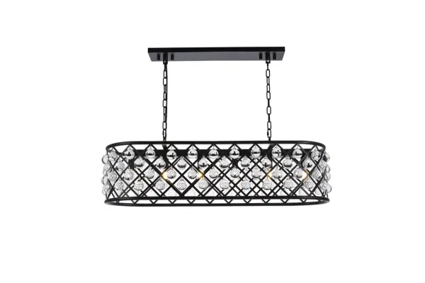 Modern simplicity meets organic beauty in the breathtakingly unique Madison collection. Hand-polished, multifaceted clear crystal spheres shimmer like dewdrops in an oblong forged-iron grid with a golden-iron, Matte Black, or polished-nickel finish. These airy chandeliers will brighten up a kitchen, dining room, foyer, or stairwell in an explosion of reflected light. Collection: Madison Rooms: Dining room, Living room, Bedroom, Bathroom, Entry Way, Finish: Matte Black Glass: clear Crystal: clear Notes: Royal Cut Crystal (Clear) Width: 13.00" Height: 15.00" Length: 40.00" Weight: 44.00 lb Chain: 60"Matte Black Wire: 141.73" Black Canopy: 5.1"x1"x25.5" Number of Bulbs: 6 Maximum Wattage: 40.00 W Bulb Type: B10 Bulb Base: E12 Dimmable Voltage: 110.00 V Material: Steel Country of Origin: China Safety Listing: UL / Ulc Safety Rating: UL,ULC Title 20 Title 24 Manufacturer Warranty: 1 year limited Spec Sheet