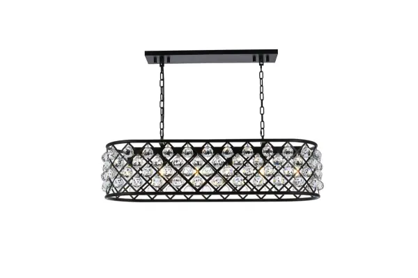Modern simplicity meets organic beauty in the breathtakingly unique Madison collection. Hand-polished, multifaceted clear, golden-teak, or Silver-shade crystal spheres shimmer like dewdrops in an oblong forged-iron grid with a golden-iron, Matte Black, or polished-nickel finish. These airy chandeliers will brighten up a kitchen, dining room, foyer, or stairwell in an explosion of reflected light. Collection: Madison Rooms: Dining room, Living room, Bedroom, Bathroom, Entry Way, Finish: Matte Black Glass: clear Crystal: clear Notes: Royal Cut Crystal (Clear) Width: 13.00" Height: 15.00" Length: 40.00" Weight: 44.00 lb Chain: 60"Matte Black Wire: 141.73" Black Canopy: 5.1"x1"x25.5" Number of Bulbs: 6 Maximum Wattage: 40.00 W Bulb Type: B10 Bulb Base: E12 Dimmable Voltage: 110.00 V Material: Steel Country of Origin: China Safety Listing: UL / Ulc Safety Rating: UL,ULC Title 20 Title 24 Manufacturer Warranty: 1 year limited Spec Sheet
