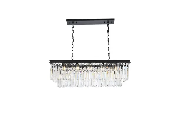 Bring the splendor of the ballroom into your home with a sparkling Sydney fixture. Stunning in foyers, dining rooms, or stairwells, the Sydney collection brings to mind the glamour of the Roaring Twenties. Features glimmering tiers of royal-cut clear, golden-teak, or Silver-shade crystals. In Matte Black or polished-nickel finishes, this sturdy, yet delicate, pendant lamp will be the perfect centerpiece for any décor. Collection: Sydney Rooms: Dining room, Living room, Bedroom, Bathroom, Entry Way, Finish: Matte Black Glass: clear Crystal: clear Notes: Royal Cut Crystal (Clear) Width: 14.00" Height: 18.00" Length: 40.00" Weight: 81.00 lb Chain: 60"Matte Black Wire: 141.73" Black Canopy: 5.1"x1"x23.6" Number of Bulbs: 12 Maximum Wattage: 60.00 W Bulb Type: B10 Bulb Base: E12 Dimmable Voltage: 110.00 V Material: Steel Country of Origin: China Safety Listing: ETL Safety Rating: UL,ULC Title 20 Title 24 Manufacturer Warranty: 1 year limited Spec Sheet