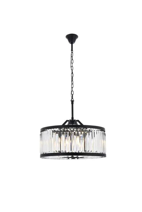 An infinity of light, caught in a circle of crystal bars in clear, golden teak, or Silver shade, the Chelsea collection will bring a shimmer of brilliance to your home. The circular steel frame in a Matte Black or polished-nickel finish lends subtle strength to this chandelier design. The Chelsea collection adds transitional grace especially to a kitchen, bedroom, or dining room Collection: Chelsea Rooms: Dining room, Living room, Bedroom, Bathroom, Entry Way, Finish: Matte Black Glass: clear Crystal: clear Notes: Royal Cut Crystal (Clear) Width: 28.00" Height: 15.50" Length: 28.00" Weight: 111.00 lb Chain: 60"Matte Black Wire: 141.73" Black Canopy: 5.9"x3.7" Number of Bulbs: 8 Maximum Wattage: 60.00 W Bulb Type: B10 Bulb Base: E12 Dimmable Voltage: 110.00 V Material: Steel Country of Origin: China Safety Listing: ETL Safety Rating: UL,ULC Title 20 Title 24 Manufacturer Warranty: 1 year limited Spec Sheet