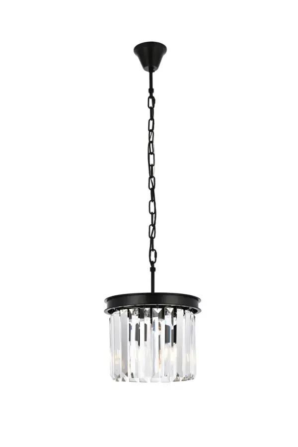 Bring the splendor of the ballroom into your home with a sparkling Sydney fixture. Stunning in foyers, dining rooms, or stairwells, the Sydney collection brings to mind the glamour of the Roaring Twenties. Features glimmering tiers of royal-cut clear, golden-teak, or Silver-shade crystals. In Matte Black or polished-nickel finishes, this sturdy, yet delicate, pendant lamp will be the perfect centerpiece for any décor. Collection: Sydney Rooms: Dining room, Living room, Bedroom, Bathroom, Entry Way, Finish: Matte Black Glass: clear Crystal: clear Notes: Royal Cut Crystal (Clear) Width: 12.00" Height: 10.00" Length: 12.00" Weight: 14.00 lb Chain: 60"Matte Black Wire: 141.73" Black Canopy: 4.72"x3" Number of Bulbs: 3 Maximum Wattage: 60.00 W Bulb Type: B10 Bulb Base: E12 Dimmable Voltage: 110.00 V Material: Steel Country of Origin: China Safety Listing: ETL Safety Rating: UL,ULC Title 20 Title 24 Manufacturer Warranty: 1 year limited Spec Sheet