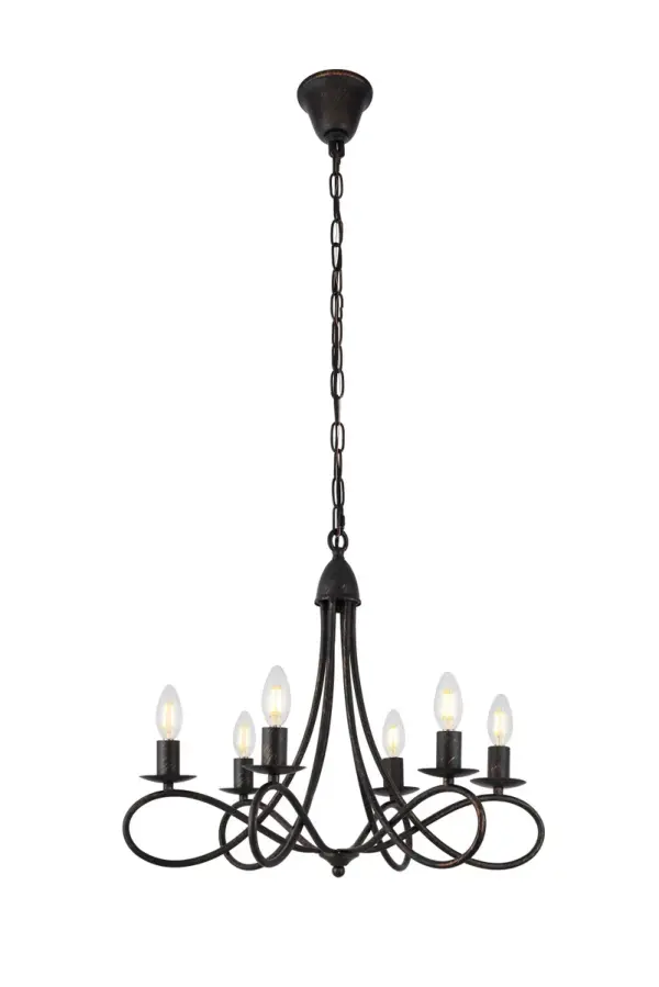 A shimmering constellation of light and sleek lines, the Lyndon collection brings dazzling elegance to your home. The curving steel frame in polished-nickel or dark-bronze finish is set off by sublime curl and sweep. The Lyndon collection adds transitional splendor especially to a kitchen, bedroom, or dining area. Collection: Lyndon Rooms: Dining room, Living room, Bedroom, Bathroom, Entry Way, Finish: Dark Bronze Width: 24.00" Height: 19.00" Length: 24.00" Weight: 8.00 lb Chain: 60"Dark Bronze Wire: 72" Black Canopy: 4.72"x2.95" Number of Bulbs: 6 Maximum Wattage: 60.00 W Bulb Type: B10 Bulb Base: E12 Dimmable Voltage: 110.00 V Material: Metal Country of Origin: China Safety Listing: UL / Ulc Safety Rating: UL,ULC Title 20 Title 24 Manufacturer Warranty: 1 year limited Spec Sheet
