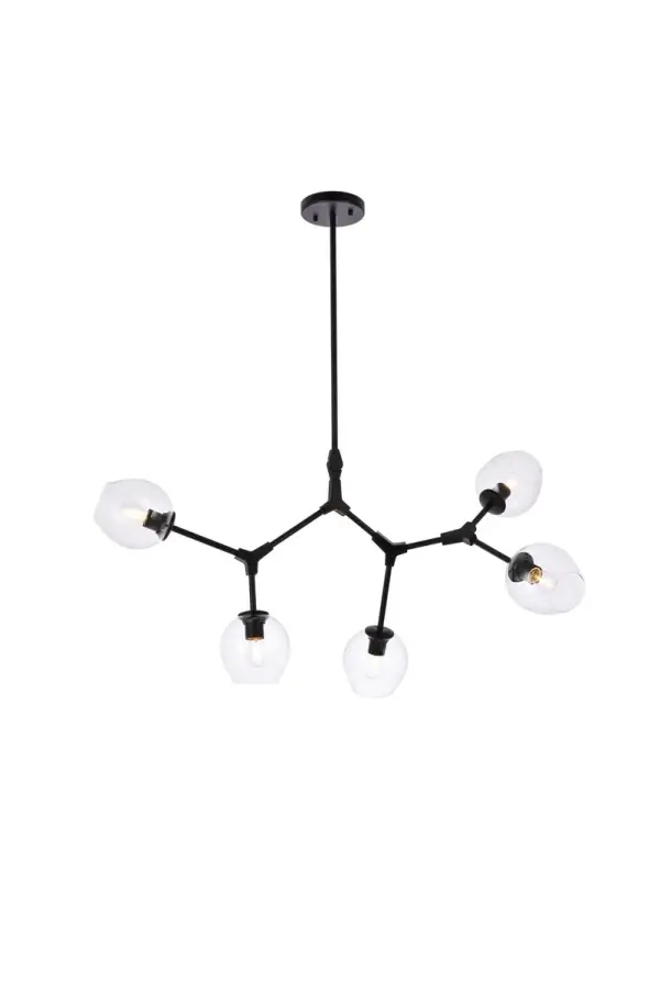 The daring Cavoli pendant lamp in a flat black finish is designed with 5 lights that connect at various angles, illuminating your rooms and ridding them of darkness. The winding paths end with a light encapsulated within a clear shade at each point. This contemporary blend of art and function results in this light that will shine beautifully in any space it adorns. Collection: Cavoli Rooms: Dining room, kitchen, living room, entry way Finish: Black and Clear Glass: CLEAR Width: 29.00" Height: 29.00" Length: 42.50" Weight: 8.00 lb Chain: 46`` Wire: 59" Black Rod: L6"+L12"+L12"+L16" Canopy: 5.9"x1" Number of Bulbs: 5 Maximum Wattage: 60.00 W Bulb Type: E26 Bulb Base: E26 Dimmable Voltage: 120.00 V Material: Iron and Glass Country of Origin: China Safety Listing: ETL Safety Rating: Damp Title 20 Title 24 Manufacturer Warranty: 1 year limited Spec Sheet