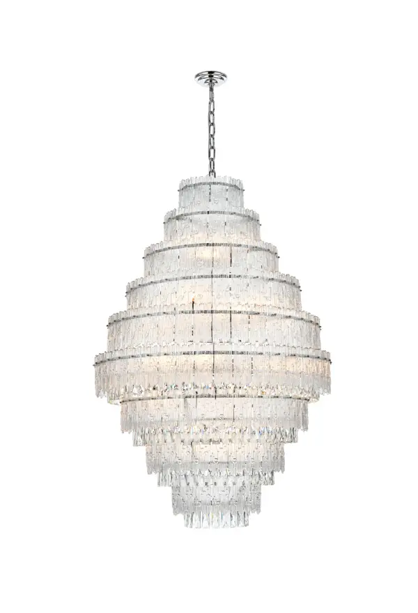 Dimensions
Chain/Rod Length: 59"
Length: 36"
Width: 36"
Height: 53.5"
Maximum Height: 114"
Wire Length: 118"
Specifications
Assembly Required: yes
Bulb Included: No
Crystal/Glass Color: Clear
Dimmable: Yes
Distressed Finish: No
Dry/Wet/Damp: Dry
ETL: Yes
Finish (Color): Chrome and Clear
Fixture Material: Iron, Glass, and Crystal
Hanging Device: Chain
Hardware Finish: Chrome
Harware Material: Iron
Max/Nominal Watt: 1080W
Number of Lights: 27
Product Shape: Round
Product Type: Chandeliers
Product Warranty: 1 year limited
Socket Type: E12
UL & ULC Standard: No
Voltage: 110V - 126V
Wattage/Bulb: 40W
Weight: 125
Wire Included: Yes
Shipment type: LTL
US Shipping Cost: $142.00