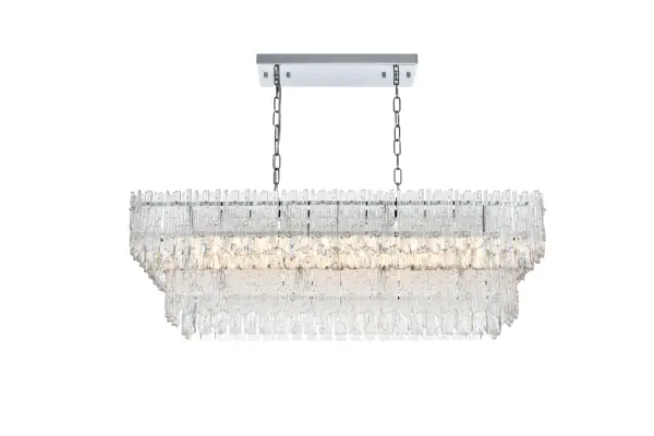 Dimensions
Chain/Rod Length: 59"
Length: 37"
Width: 14"
Height: 12.5"
Maximum Height: 74"
Wire Length: 118"
Specifications
Assembly Required: yes
Bulb Included: No
Crystal/Glass Color: Clear
Dimmable: Yes
Distressed Finish: No
Dry/Wet/Damp: Dry
ETL: Yes
Finish (Color): Chrome and Clear
Fixture Material: Iron, Glass, and Crystal
Hanging Device: Chain
Hardware Finish: Chrome
Harware Material: Iron
Max/Nominal Watt: 240W
Number of Lights: 6
Product Shape: Rectangle
Product Type: Chandeliers
Product Warranty: 1 year limited
Socket Type: E12
UL & ULC Standard: No
Voltage: 110V - 126V
Wattage/Bulb: 40W
Weight: 38
Wire Included: Yes
Shipment type: Small Parcel