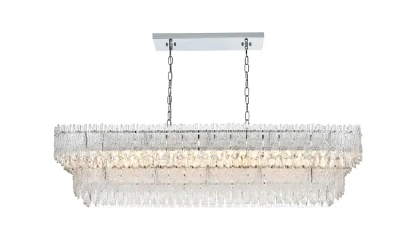 Dimensions
Chain/Rod Length: 59"
Length: 50"
Width: 14"
Height: 12.5"
Maximum Height: 74"
Wire Length: 118"
Specifications
Assembly Required: yes
Bulb Included: No
Crystal/Glass Color: Clear
Dimmable: Yes
Distressed Finish: No
Dry/Wet/Damp: Dry
ETL: Yes
Finish (Color): Chrome and Clear
Fixture Material: Iron, Glass, and Crystal
Hanging Device: Chain
Hardware Finish: Chrome
Harware Material: Iron
Max/Nominal Watt: 320W
Number of Lights: 8
Product Shape: Rectangle
Product Type: Chandeliers
Product Warranty: 1 year limited
Socket Type: E12
UL & ULC Standard: No
Voltage: 110V - 126V
Wattage/Bulb: 40W
Weight: 53
Wire Included: Yes
Shipment type: Small Parcel
