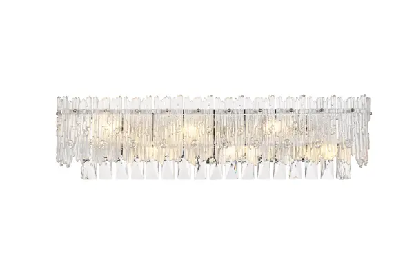 Dimensions
Length: 27"
Width: 27"
Height: 7"
Extension: 6"
Wire Length: 24"
Specifications
Assembly Required: yes
Bulb Included: No
Crystal/Glass Color: Clear
Dimmable: Yes
Distressed Finish: No
Dry/Wet/Damp: Dry
ETL: Yes
Finish (Color): Chrome and Clear
Fixture Material: Iron, Glass, and Crystal
Hardware Finish: Chrome
Harware Material: Iron
Max/Nominal Watt: 320W
Number of Lights: 6
Product Shape: Rectangle
Product Type: Wall Sconce
Product Warranty: 1 year limited
Socket Type: E12
UL & ULC Standard: No
Voltage: 110V - 126V
Wattage/Bulb: 40W
Weight: 9
Wire Included: Yes
Shipment type: Small Parcel