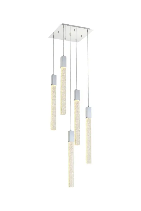 Crystal raindrops floating in a crystal bar balanced in mid-air. Everything about our Weston Collection is ethereal. This collection can be placed in any room of your home as an accent or as a primary feature. When lit up in the evening they are truly an amazing sight, sure to add the wow factor to your home or workplace. Collection: Weston Rooms: kitchen, living room, hallway, foyer, office Finish: chrome Crystal: Clear Width: 16.00" Height: 24.00" Length: 16.00" Weight: 42.00 lb Wire: 144" Clear Canopy: 16"x1.2"x16" Bulbs Included Number of Bulbs: 5 Maximum Wattage: 3.00 W Bulb Type: MR11 Bulb Base: GU10 Light Output: 1425.00 lm Voltage: 110.00 V Material: Metal and Crystal Country of Origin: China Safety Listing: ETL Safety Rating: Dry Title 20 Title 24 Manufacturer Warranty: 1 year limited