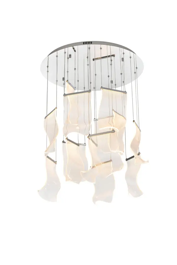 Dimensions
Chain/Rod Length: 144"
Width: 28"
Height: 36"
Specifications
Assembly Required: Yes
Bulb Included: Yes
Color Temperature: 3000K+4500K+6000K
CRI: 80
Dimmable: Yes
Dry/Wet/Damp: Dry
Finish (Color): Chrome
Fixture Material: Iron and Aluminum and Acrylic
Hanging Device: Steel Wire
Hardware Finish: Chrome
Lumens: 3150
Number of Lights: 14
Product Shape: Round
Socket Type: LED
Voltage: 110-125V
Wattage/Bulb: 3W
Watts: 42W
Weight: 30.2