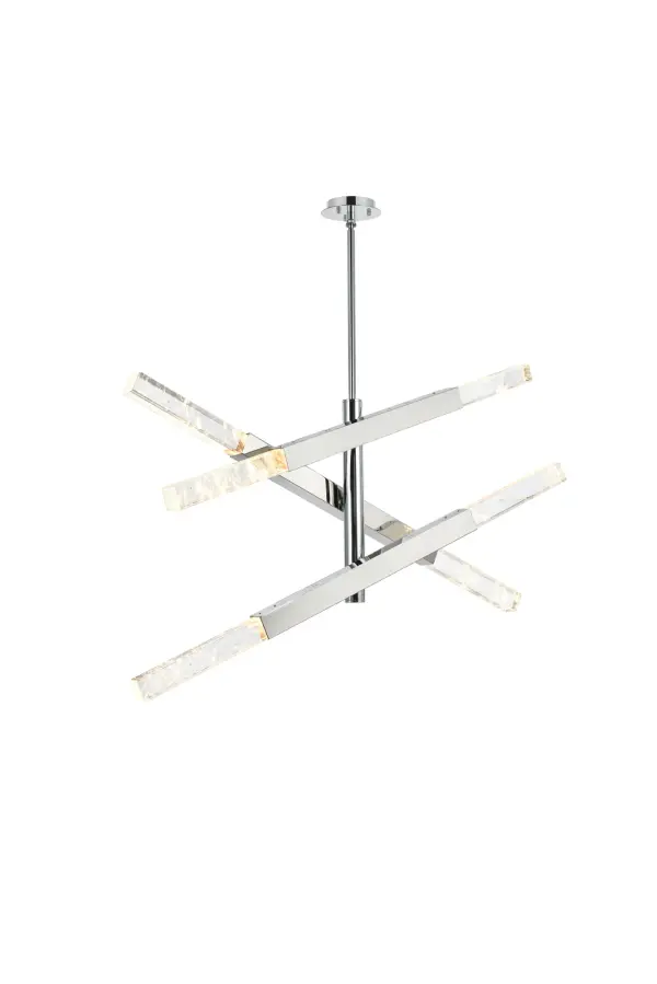 Sleek and modern, the 3-bar pendant light offers a perfect balance of minimalism and sophistication. Featuring solid clear crystal bars with ethereal cloud-like patterns, this fixture creates a mesmerizing interplay of light and texture, transforming your space into an illuminated masterpiece. Ethereal white clouds float gracefully within the crystal, each one a unique formation shaped over millennia. These wispy inclusions create a dreamlike landscape, evoking a sense of serenity and wonder. Each arm is fully adjustable, allowing you to customize the angles to fit your aesthetic and lighting needs. Whether over a dining table, in a cozy living room, or brightening an office, the 3-bar configuration is ideal for smaller spaces or for those seeking understated modern brilliance. Comes with dimmable 6.5W light bulbs (3000K, 480 lumens) and a matching canopy for a seamless finish. Collection: Ari Rooms: Kitchen, dining room, bedroom, office Finish: Chrome and Clear Crystal: Clear Width: 10.00" Height: 19.00" Length: 48.00" Weight: 51.00 lb Wire: 75" Clear Canopy: 5.9"x1"x5.9" Bulbs Included Number of Bulbs: 6 Maximum Wattage: 6.50 W Bulb Base: GU10 Light Output: 480.00 lm Color Temperature: 3000 K CRI: 80 Dimmable Rated Average Life: 6000 Voltage: 110.00 V Material: Iron and Crystal Country of Origin: China Safety Listing: ETL Safety Rating: Dry Title 20 Title 24 Manufacturer Warranty: 1 year limited