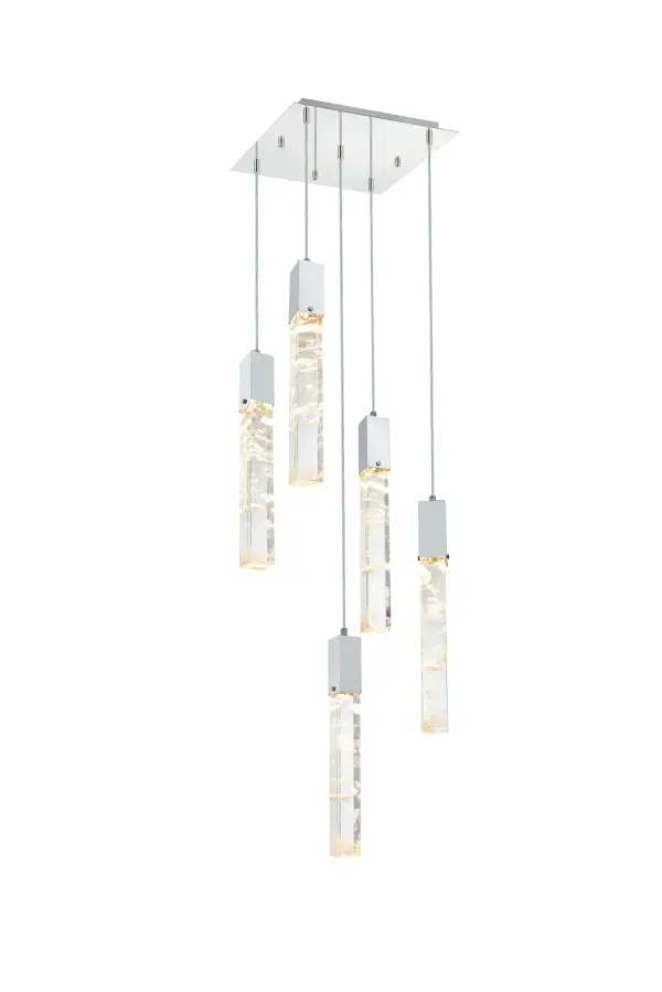 Immerse yourself in the captivating allure of our natural crystal pendant, a stunning piece that embodies the true artistry of nature. Each crystal tells a unique story, with ethereal white clouds and mysterious black specks forming a mesmerizing dance of elements within its clear surface. These wispy inclusions create a serene, dreamlike landscape that evokes both wonder and tranquility. Meticulously crafted over millennia, no two crystals are alike, making each pendant a one-of-a-kind masterpiece. Whether enhancing a modern minimalist space or adding elegance to a classic interior, this versatile lighting piece complements any style with its natural beauty. Suspended by an adjustable 144-inch cord and illuminating with a warm 3000K light at 480 lumens, it brings both sophistication and a calming ambiance to any room. Collection: Aurora Rooms: Kitchen, office, bedroom, dining Finish: Chrome and Clear Crystal: Clear Width: 16.00" Height: 19.00" Length: 16.00" Weight: 35.00 lb Wire: 144" Clear Canopy: 16"x1.4"x16" Bulbs Included Number of Bulbs: 5 Maximum Wattage: 6.50 W Bulb Type: GU10 Bulb Base: GU10 Light Output: 480.00 lm Color Temperature: 3000 K CRI: 80 Dimmable Rated Average Life: 6000 Voltage: 110.00 V Material: Iron and Crystal Country of Origin: China Safety Listing: ETL Safety Rating: Dry Title 20 Manufacturer Warranty: 1 year limited