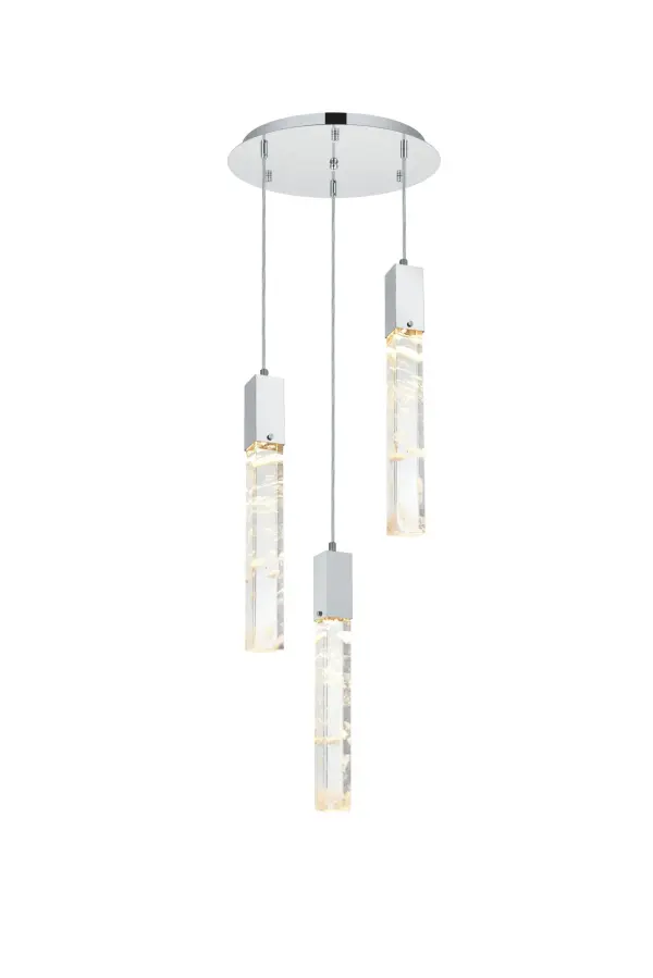 Immerse yourself in the captivating allure of our natural crystal pendant, a stunning piece that embodies the true artistry of nature. Each crystal tells a unique story, with ethereal white clouds and mysterious black specks forming a mesmerizing dance of elements within its clear surface. These wispy inclusions create a serene, dreamlike landscape that evokes both wonder and tranquility. Meticulously crafted over millennia, no two crystals are alike, making each pendant a one-of-a-kind masterpiece. Whether enhancing a modern minimalist space or adding elegance to a classic interior, this versatile lighting piece complements any style with its natural beauty. Suspended by an adjustable 144-inch cord and illuminating with a warm 3000K light at 480 lumens, it brings both sophistication and a calming ambiance to any room. Collection: Aurora Rooms: Kitchen, office, bedroom, dining Finish: Chrome and Clear Crystal: Clear Width: 16.00" Height: 19.00" Length: 16.00" Weight: 23.00 lb Wire: 144" Clear Canopy: 16"x1.4"x16" Bulbs Included Number of Bulbs: 3 Maximum Wattage: 6.50 W Bulb Type: GU10 Bulb Base: GU10 Light Output: 480.00 lm Color Temperature: 3000 K CRI: 80 Dimmable Rated Average Life: 6000 Voltage: 110.00 V Material: Iron and Crystal Country of Origin: China Safety Listing: ETL Safety Rating: Dry Title 20 Manufacturer Warranty: 1 year limited