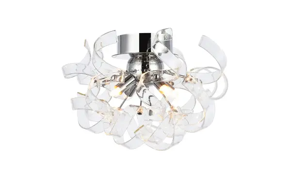 Intriguing Ritz flush-mount fixtures turn any space into a celebration. Like a decoration for a special present, the captivating hemisphere of delicate, curled ribbons of glass will create a relaxing ambience in any room. Four bright lights shine through this contemporary chrome-finished design. The Ritz collection is sure to delight in your dining room, living room, bedroom, bathroom, and entryway. Collection: Ritz Rooms: Dining room, Living room, Bedroom, Bathroom, Entry Way, Closet Finish: Chrome Width: 14.00" Height: 11.00" Length: 14.00" Weight: 5.00 lb Wire: 15" Canopy: 4.7"x1.6" Number of Bulbs: 4 Maximum Wattage: 20.00 W Bulb Type: T4 Bulb Base: G9 Dimmable Voltage: 110.00 V Material: Iron and Glass Country of Origin: China Safety Listing: ETL Safety Rating: UL,ULC Title 20 Title 24 Manufacturer Warranty: 1 year limited
