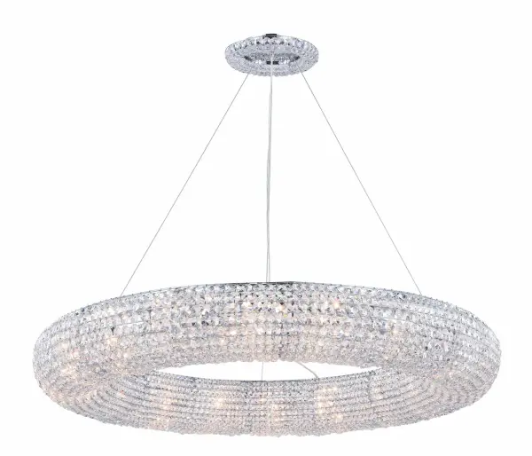 The magnificent chandeliers of the Paris collection live up to their namesake's title as the "City of Light." The chrome-finish fixtures exude glamour with a sparkling circle of clear, royal-cut octagon crystals highlighted by 18 or 24 interior lights (not included). Topping off the extravagance is a crystal halo dressing the canopy that replicates the fixture. Create your own enlightened era in your home with this contemporary chandelier that comes fully assembled. It will provide all-around light for your dining room, living room, bedroom, bathroom, or entryway. Collection: Paris Rooms: Dining room, Living room, Bedroom, Bathroom, Entry Way, Finish: Chrome Crystal: Clear Notes: Royal Cut Clear Width: 41.00" Height: 5.00" Length: 41.00" Weight: 53.00 lb Chain: 120`` Wire: 138" Clear Canopy: 12.6"x1.2" Number of Bulbs: 18 Maximum Wattage: 20.00 W Bulb Type: T4 Bulb Base: G9 Dimmable Voltage: 110.00 V Material: Iron and Crystal Country of Origin: China Safety Listing: ETL Safety Rating: UL,ULC Title 20 Title 24 Manufacturer Warranty: 1 year limited