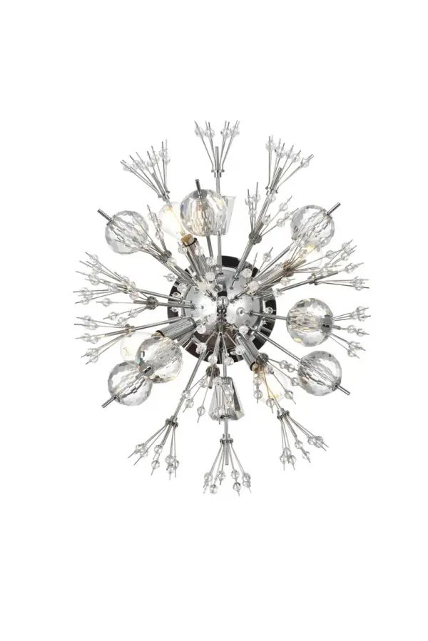 Like an explosion frozen in time, Vera collection are suspended chaos. Clear large crystal balls and sprays of smaller crystals swirl amidst exposed candelabra bulbs (not included). At the epicenter of the storm, a hemispherical steel backplate in a metal finish attaches to the wall or the ceiling. A touch of savage beauty that easily compliments a bathroom, entryway, or bedroom. Collection: Vera Rooms: office, bedroom, dining room, living room, kitchen, entry way Finish: chrome Crystal: Clear Width: 14.00" Length: 19.00" Weight: 8.00 lb Extension from Wall: 8.00" Wire: 8" Black and White Canopy: 4.7"x1" Number of Bulbs: 4 Maximum Wattage: 40.00 W Bulb Type: G25 Bulb Base: E12 Dimmable Voltage: 110.00 V Material: Metal and Glass Country of Origin: China Safety Listing: ETL Safety Rating: Dry Title 20 Title 24 Manufacturer Warranty: 1 year limited