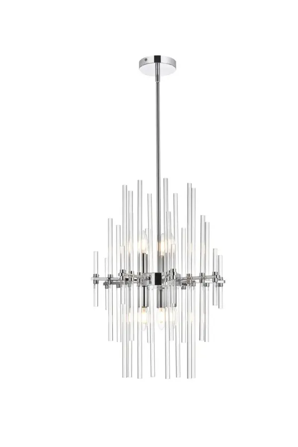 Enjoy the beautiful design of the Sienna collection pendants. The clear crystal rods seem as if they are following the direction of the lights bringing about illumination. Is it the sun? Is it a new day? No, it's simply just a fabulous light pendant! The perfect addition to your home, whether it's the living room, dining room, office or the entryway. Sloped ceiling adaptable with a durable swivel could be mounted on vaulted or angled ceilings. Collection: Sienna Rooms: office, bedroom, dining room, living room, kitchen, entry way Finish: chrome Crystal: Clear Width: 17.00" Height: 24.00" Length: 17.00" Weight: 12.00 lb Wire: 144" Black and White Rod: L6"+L12"+L12"+L16" Canopy: 4.7"x1"x4.7" Number of Bulbs: 6 Maximum Wattage: 40.00 W Bulb Type: G25 Bulb Base: E12 Dimmable Voltage: 110.00 V Material: Metal and Glass Country of Origin: China Safety Listing: ETL Safety Rating: Dry Title 20 Title 24 Manufacturer Warranty: 1 year limited