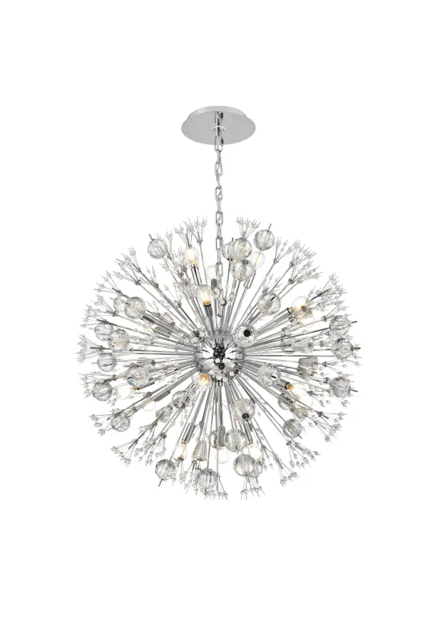 Like an explosion frozen in time, Vera collection hanging fixtures are suspended chaos. Clear large crystal balls and sprays of smaller crystals swirl amidst exposed candelabra bulbs (not included) balanced on dainty wires. A gleaming steel sphere forms the epicenter of the storm. A touch of savage beauty that easily compliments a kitchen, entryway, or bedroom. With easy assembly and compatibility with multiple bulbs, this chandelier not only illuminates but elevates your space with timeless sophistication. Collection: Vera Rooms: office, bedroom, dining room, living room, kitchen, entry way Finish: chrome Crystal: Clear Width: 32.00" Height: 32.00" Length: 32.00" Weight: 52.00 lb Wire: 144" Clear Canopy: 8.7"x1"x8.7" Number of Bulbs: 18 Maximum Wattage: 40.00 W Bulb Type: G25 Bulb Base: E12 Dimmable Voltage: 110.00 V Material: Metal and Glass Country of Origin: China Safety Listing: ETL Safety Rating: Dry Title 20 Title 24 Manufacturer Warranty: 1 year limited